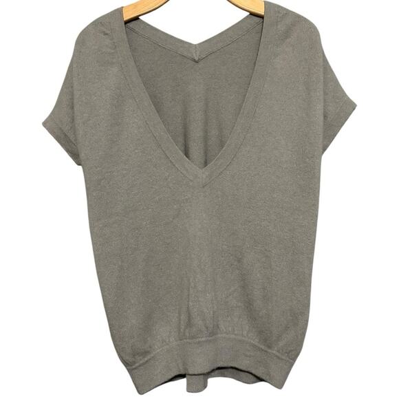 Theory Women’s Sz M Heather Gray Deep V-Neck Back Short Sleeve Cashmere Sweater - Picture 2 of 6